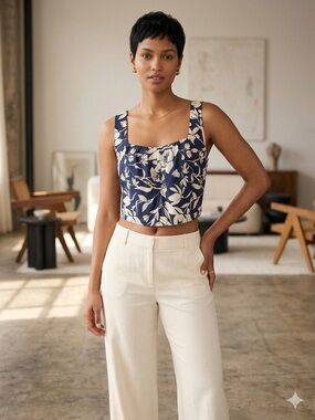 Navy Floral Square-Neck Crop Top
